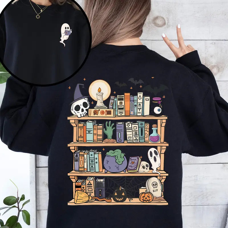 "Reading Ghost" Halloween Sweatshirt - Front & Back Teacher Boo Tee