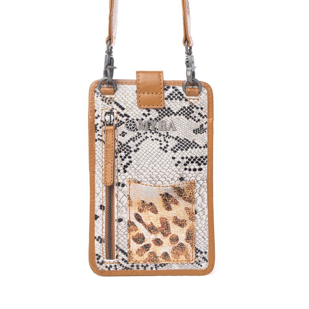 Myra Cedar Snake Print Leather Cell Phone Holder in Ebony Cream