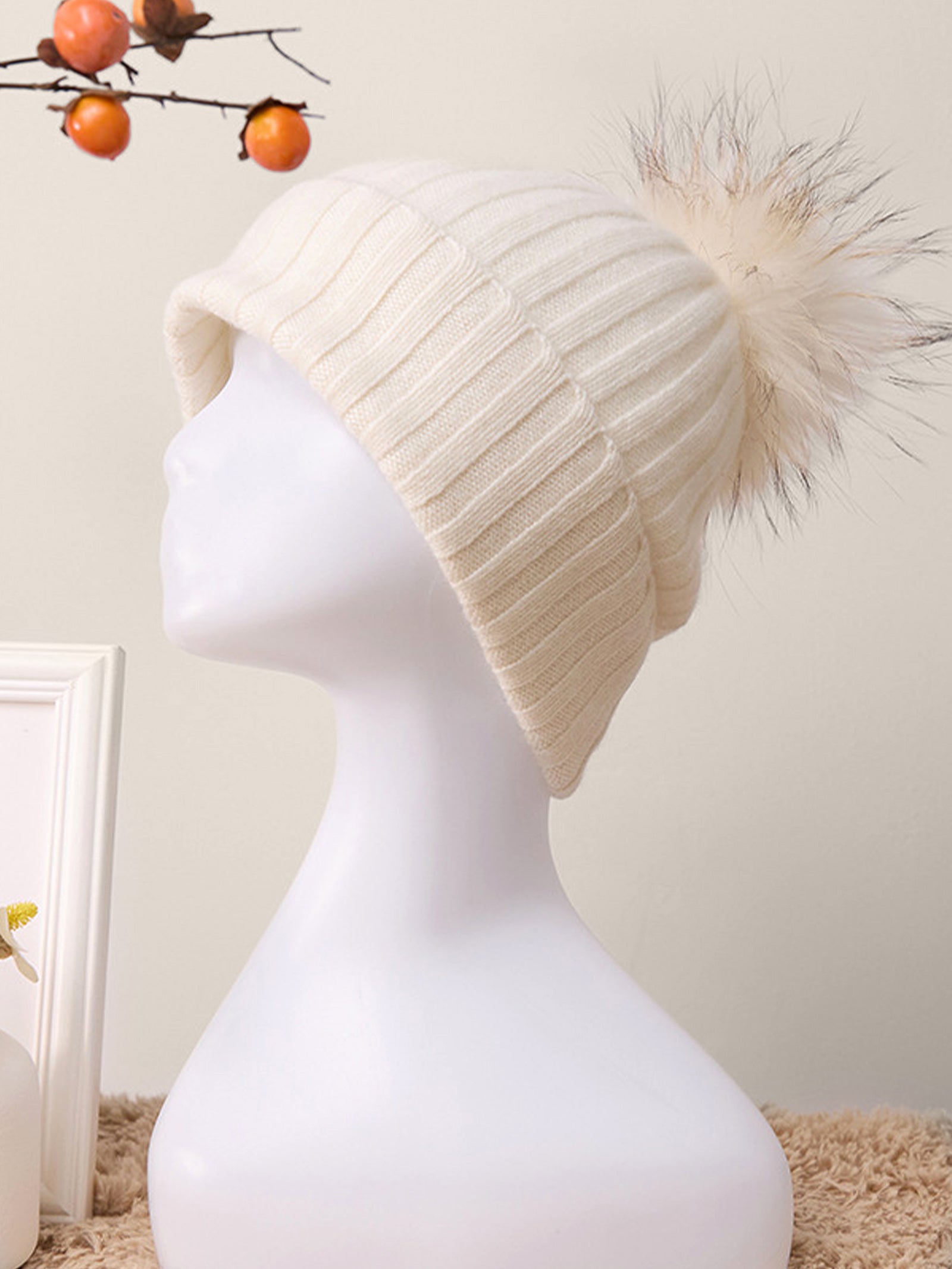 100% Cashmere Rib-Knit Slouchy Beanie With Pom-Pom