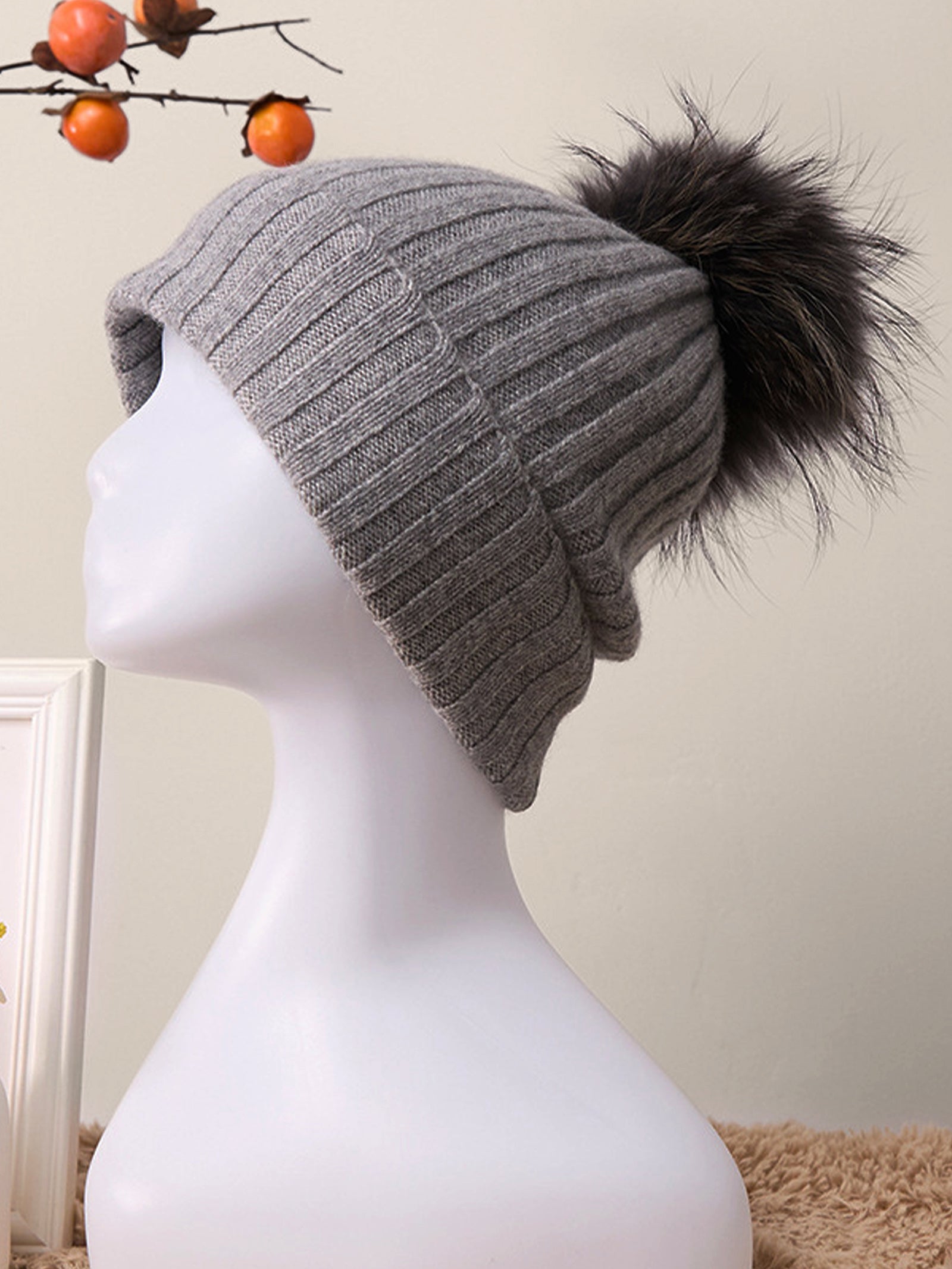 100% Cashmere Rib-Knit Slouchy Beanie With Pom-Pom