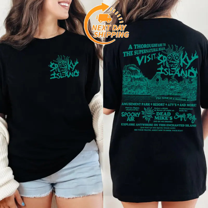 Spooky Island T-Shirt – Retro Horror Amusement Park Tee, Disco Skull Nostalgia Shirt, Halloween Graphic
