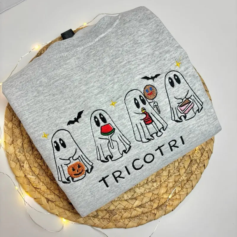 Tricotri Mexican Ghost Crewneck Sweatshirt – Spooky Embroidered Sweater, Halloween & Día de los Muertos Apparel