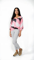 Alfani Petite Printed Bubble Top- Pink Twirl Block, Size XS