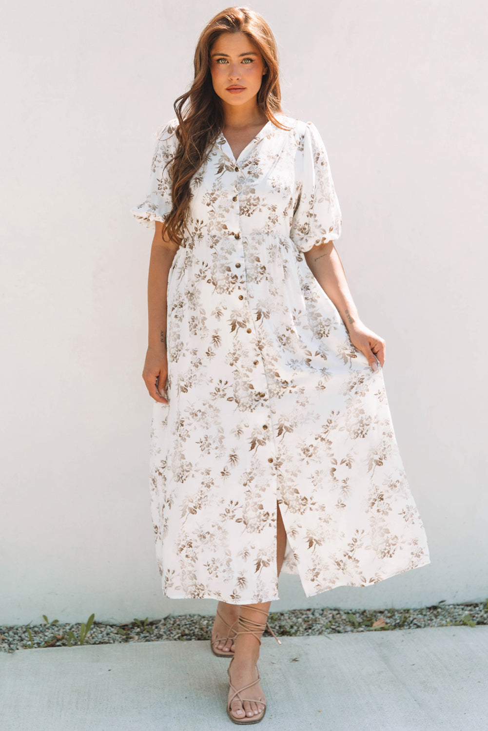 Iliana Floral Puff Sleeve V Neck Buttoned Front Maxi Dress