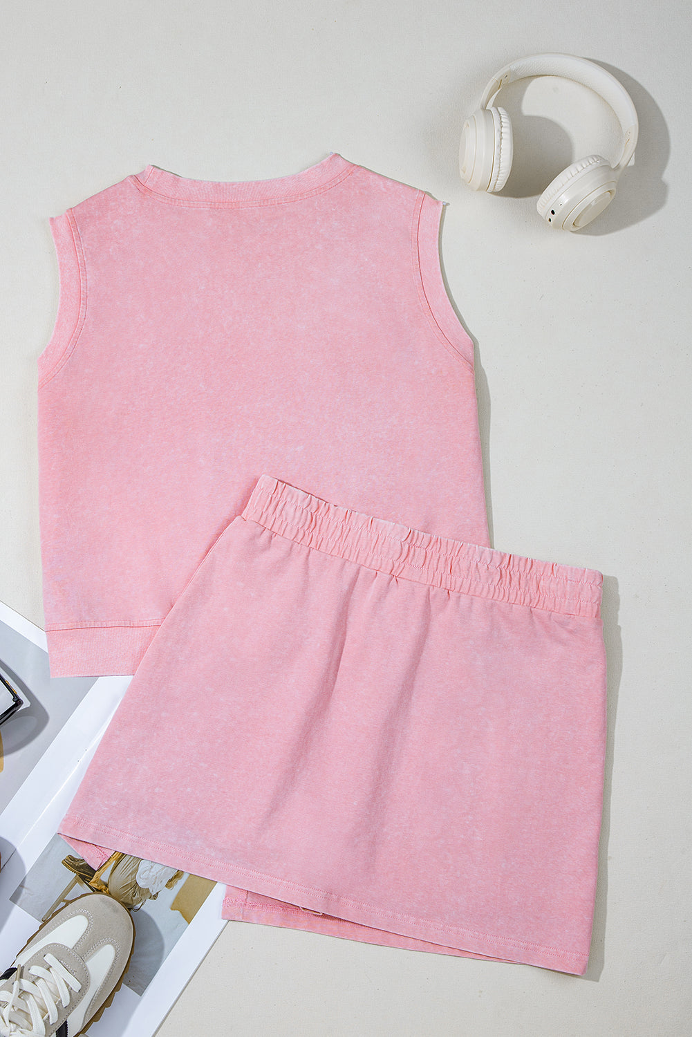 Aria 2 Pieces Mineral Wash Cotton Tank Top Lined Split Skirt Set