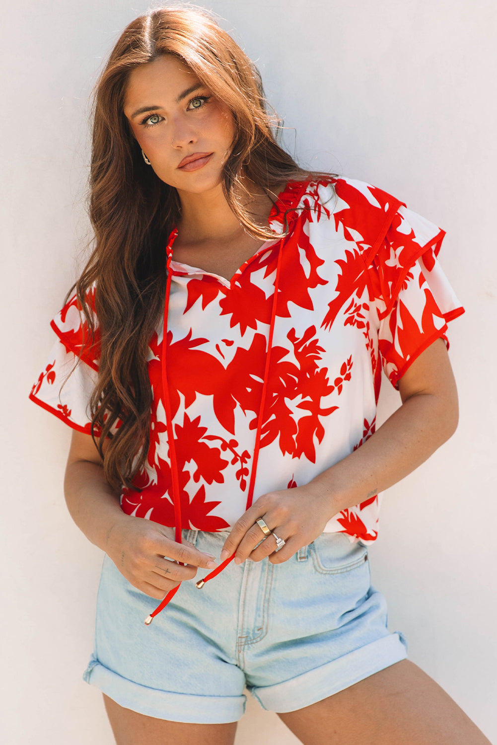 Zoya Tiered Ruffled Sleeve V Neck Blouse