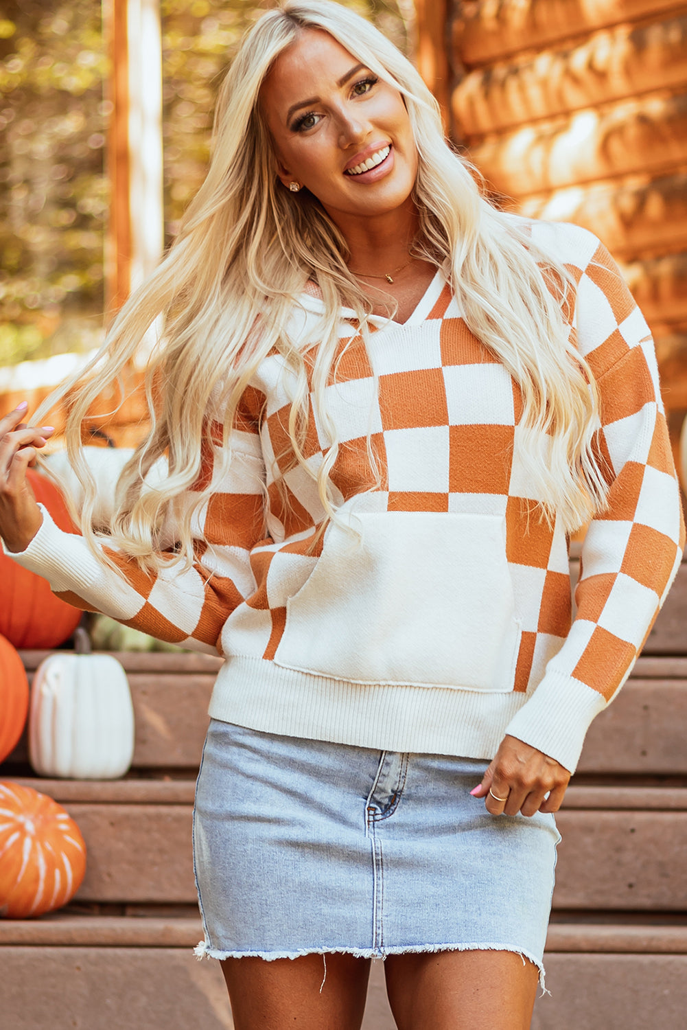Lila Checkered Kangaroo Pocket Hooded Sweater