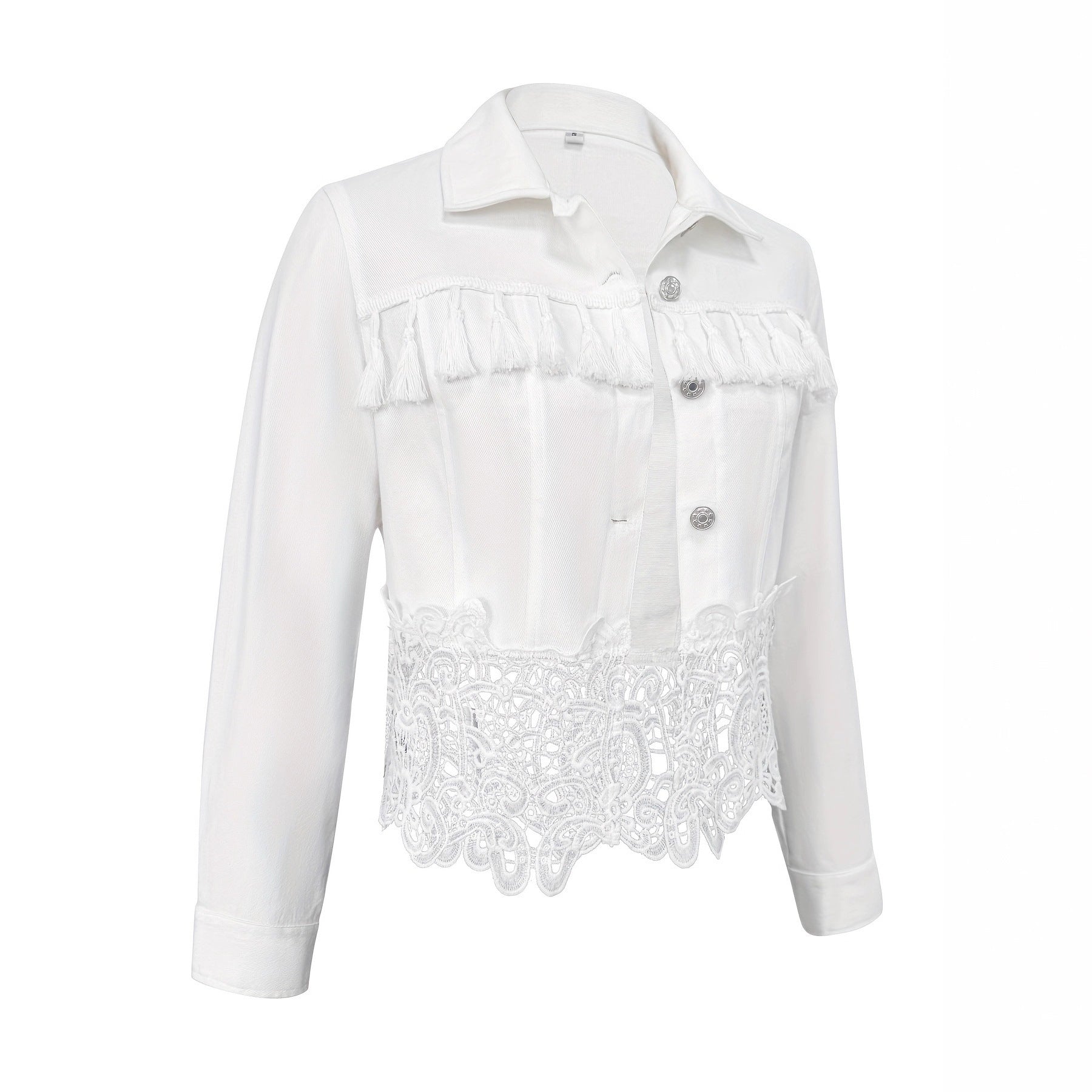 Womens Lapel Hem Hollow-Out Patchwork Tassel Coat