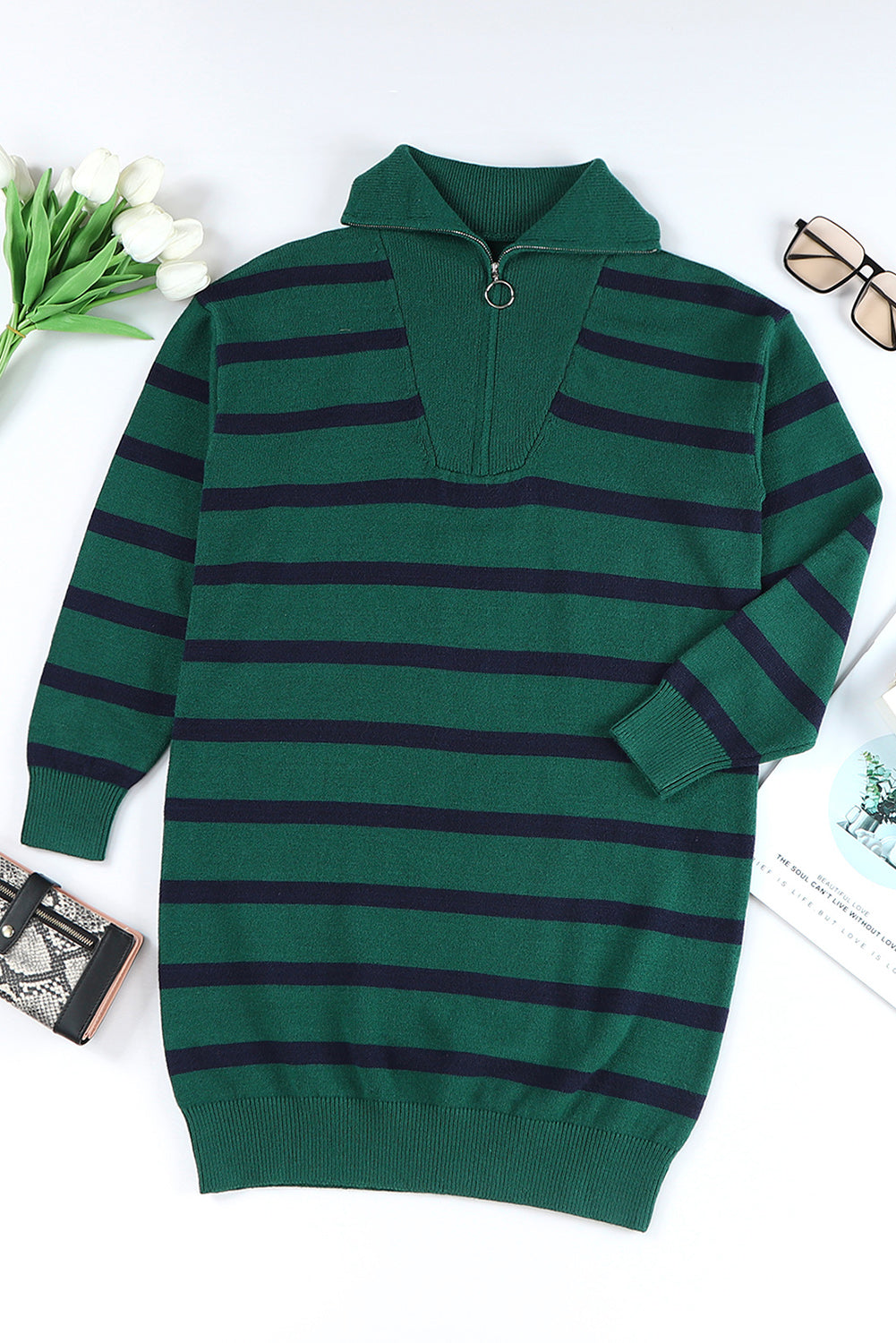 Iris Striped Zip Collared Loose Sweater Mini Dress