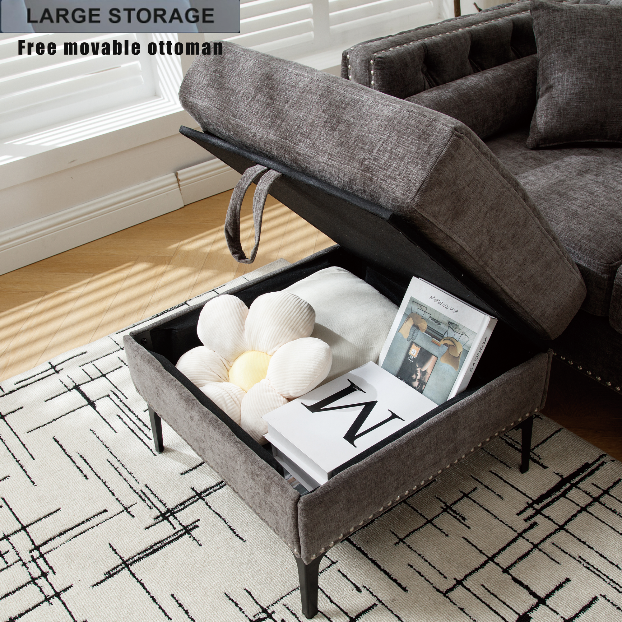 L Shaped Sectional Convertible Sofa with Storage Ottoman and Modern Tufted style