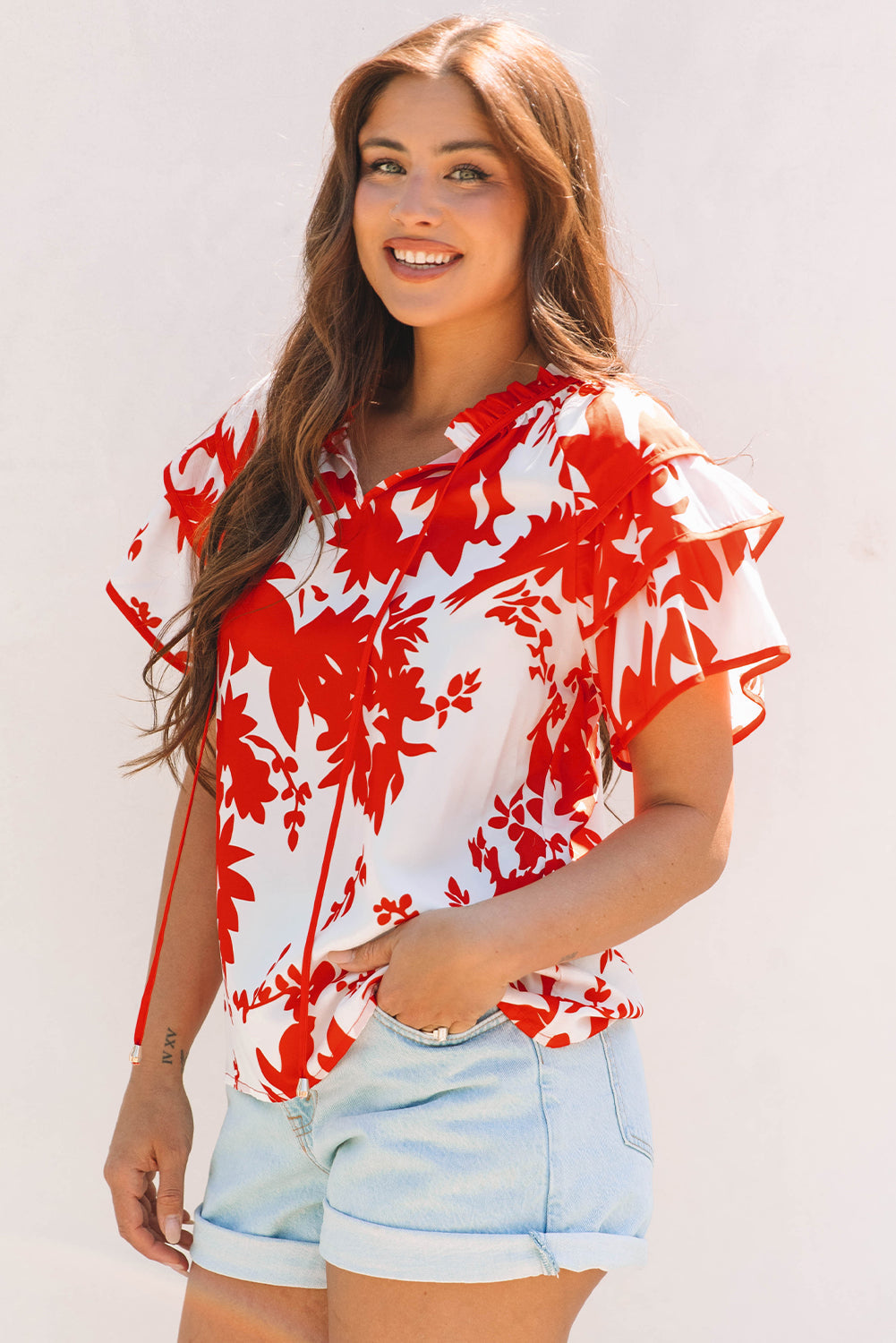 Zoya Tiered Ruffled Sleeve V Neck Blouse