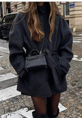 Womens Wool Coat With Belt Mock Neck And Solid Color