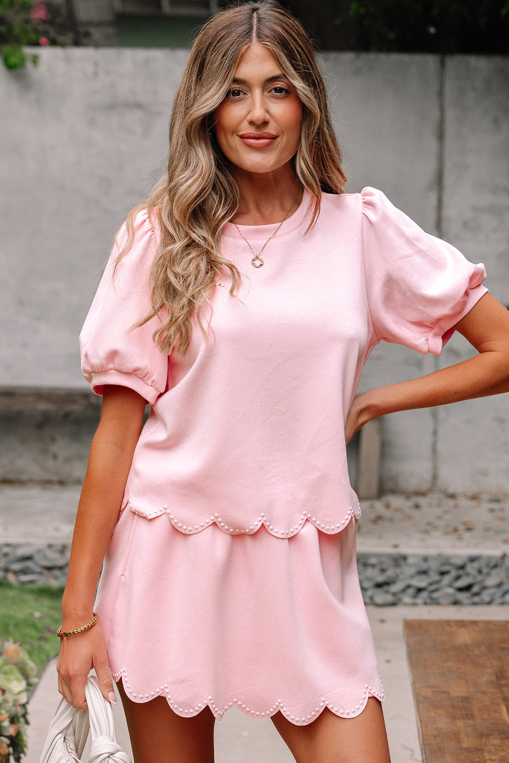 Nova Puff Sleeve Pearl Embellished Scallop Set
