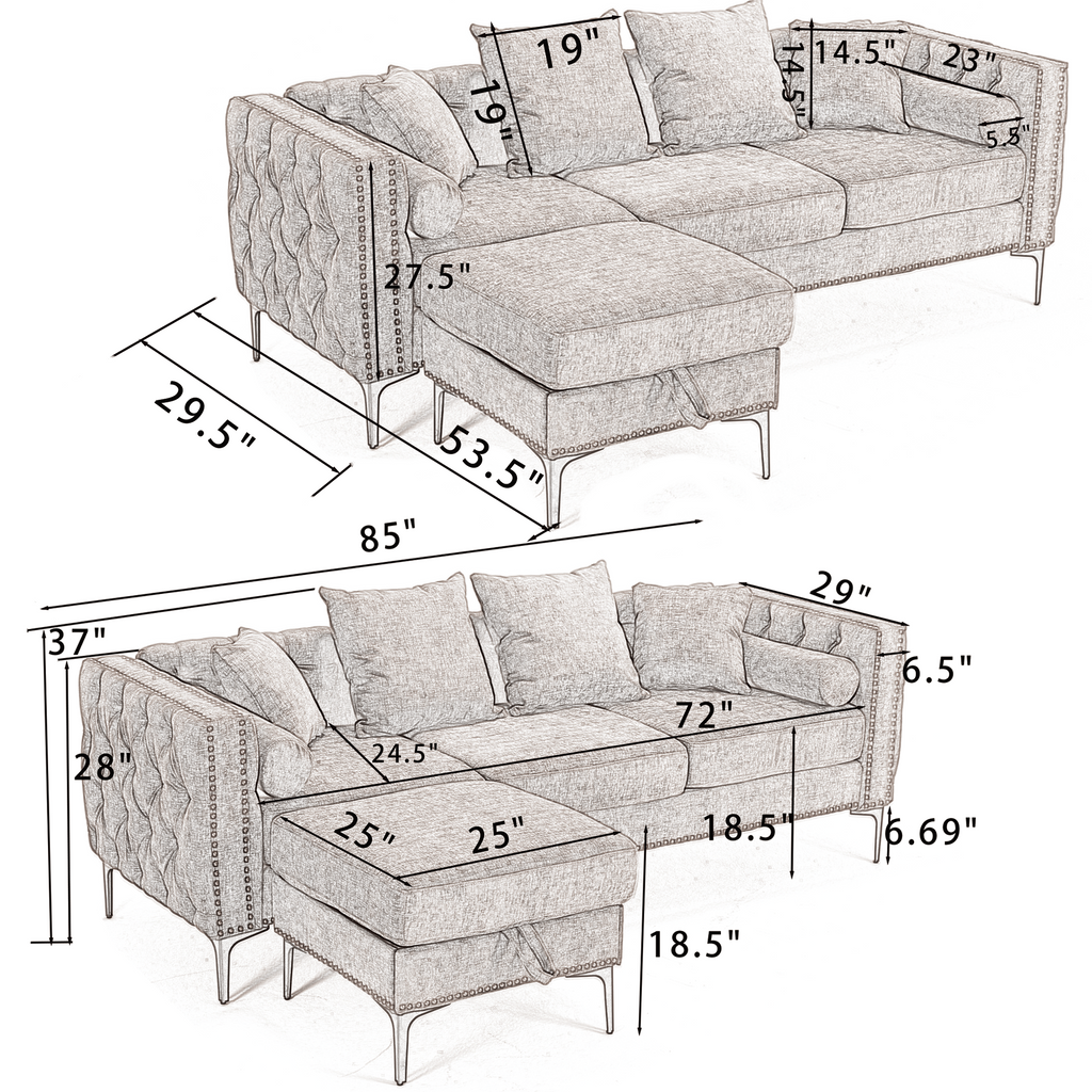 L Shaped Sectional Convertible Sofa with Storage Ottoman and Modern Tufted style