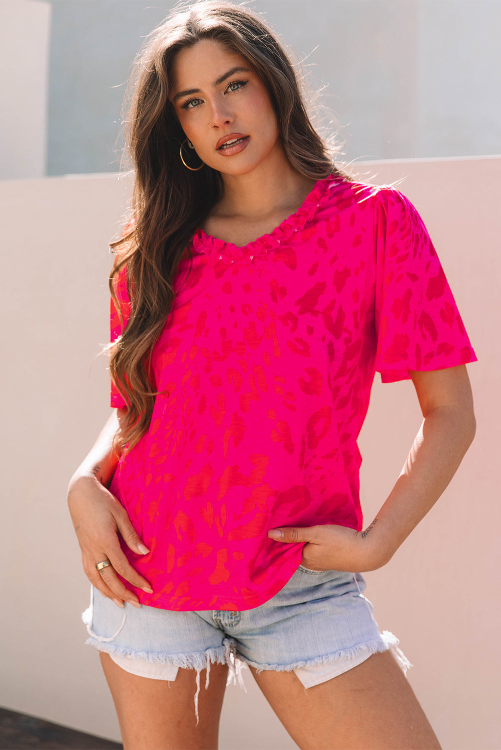 Laurel Leopard Frilly V Neck Short Sleeve Blouse