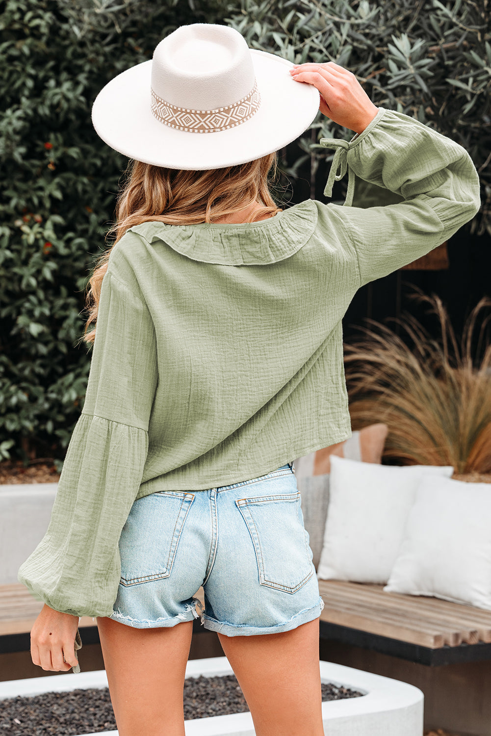 Natalia Bow Tie Front Ruffle Trim Long Sleeve Gauze Blouse