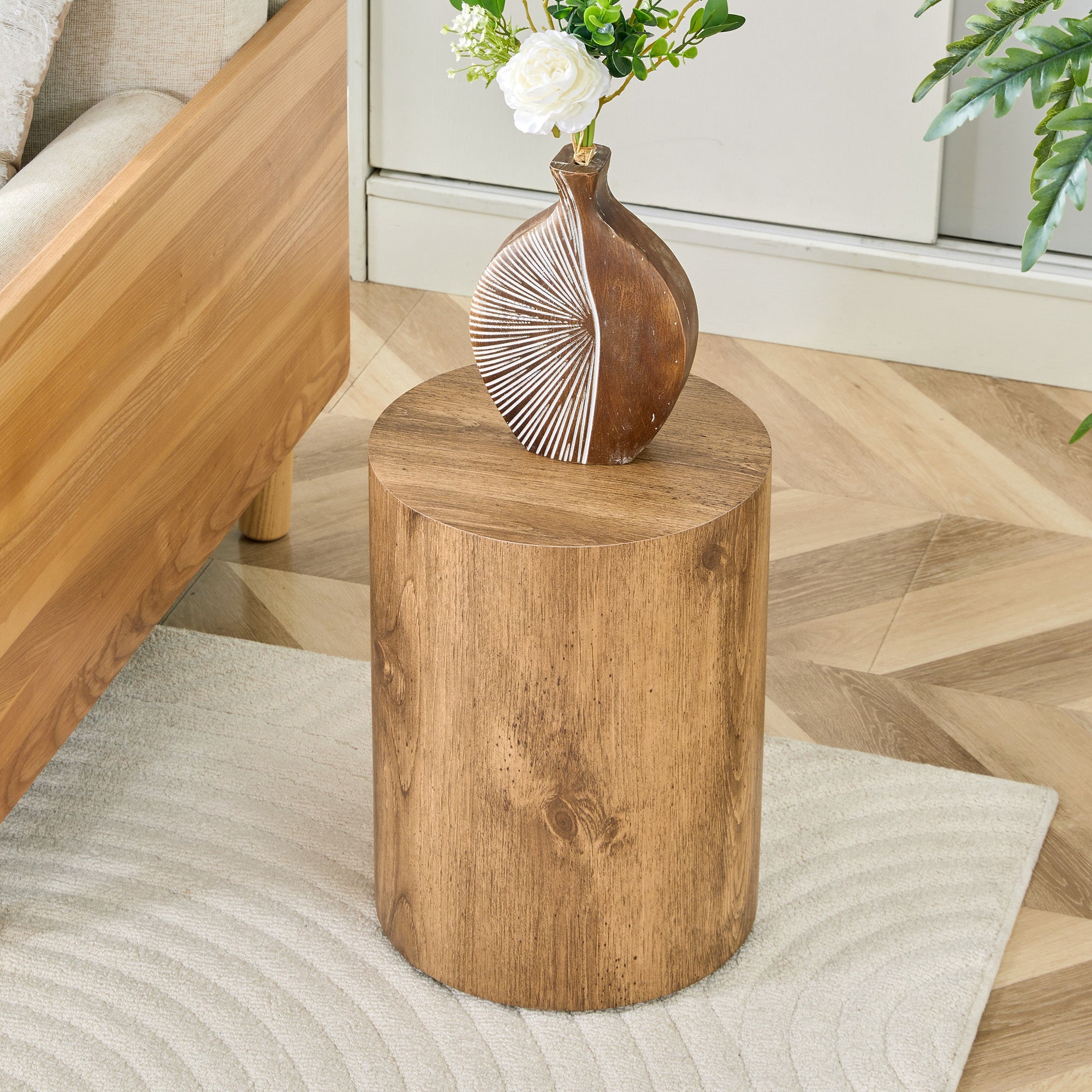 Modern Minimalist Set of Two Wood color Cylinder Coffee Tables