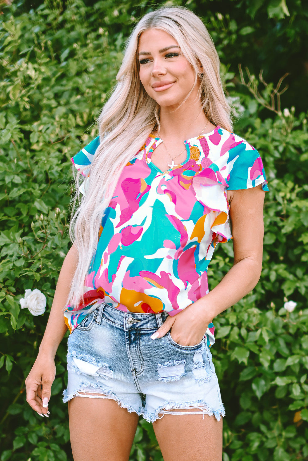 Noemi Notched Neck Flutter Sleeve Blouse