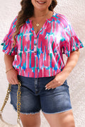Lisa Plus Brushstroke Ruffle Sleeve Button V Neck Blouse