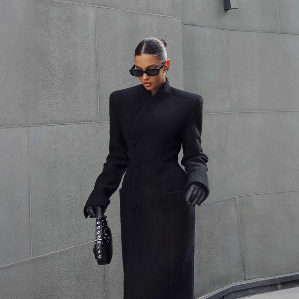 Temperament Shoulder-padded Waist-cinching Long Wool Coat For Women