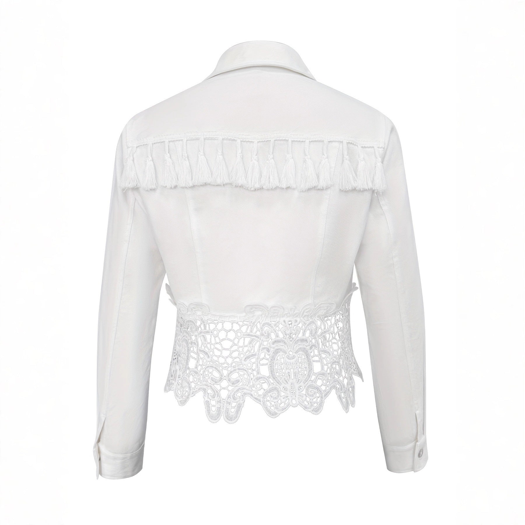 Womens Lapel Hem Hollow-Out Patchwork Tassel Coat