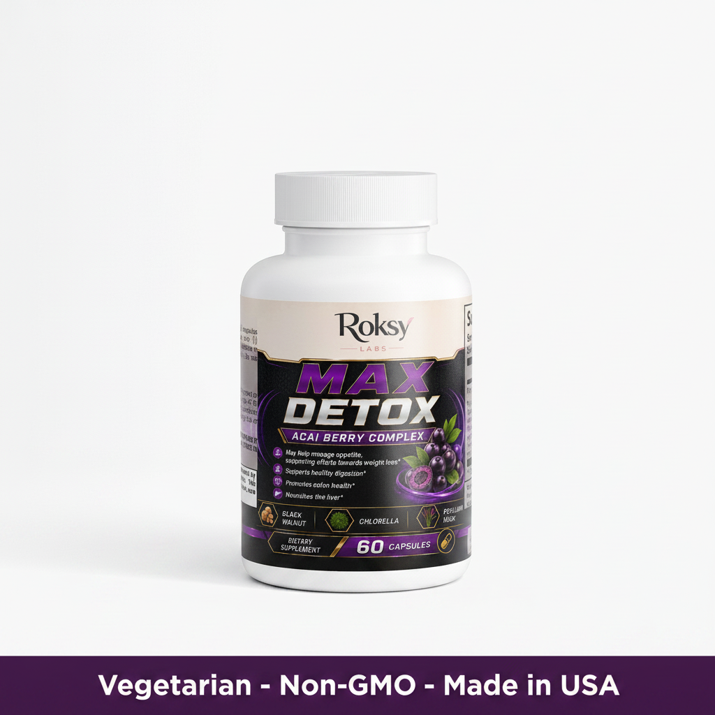 Max Detox Acai Berry Complex | Colon Cleanse and Gut Detox | Psyllium Chlorella Black Walnut | 60 Capsules