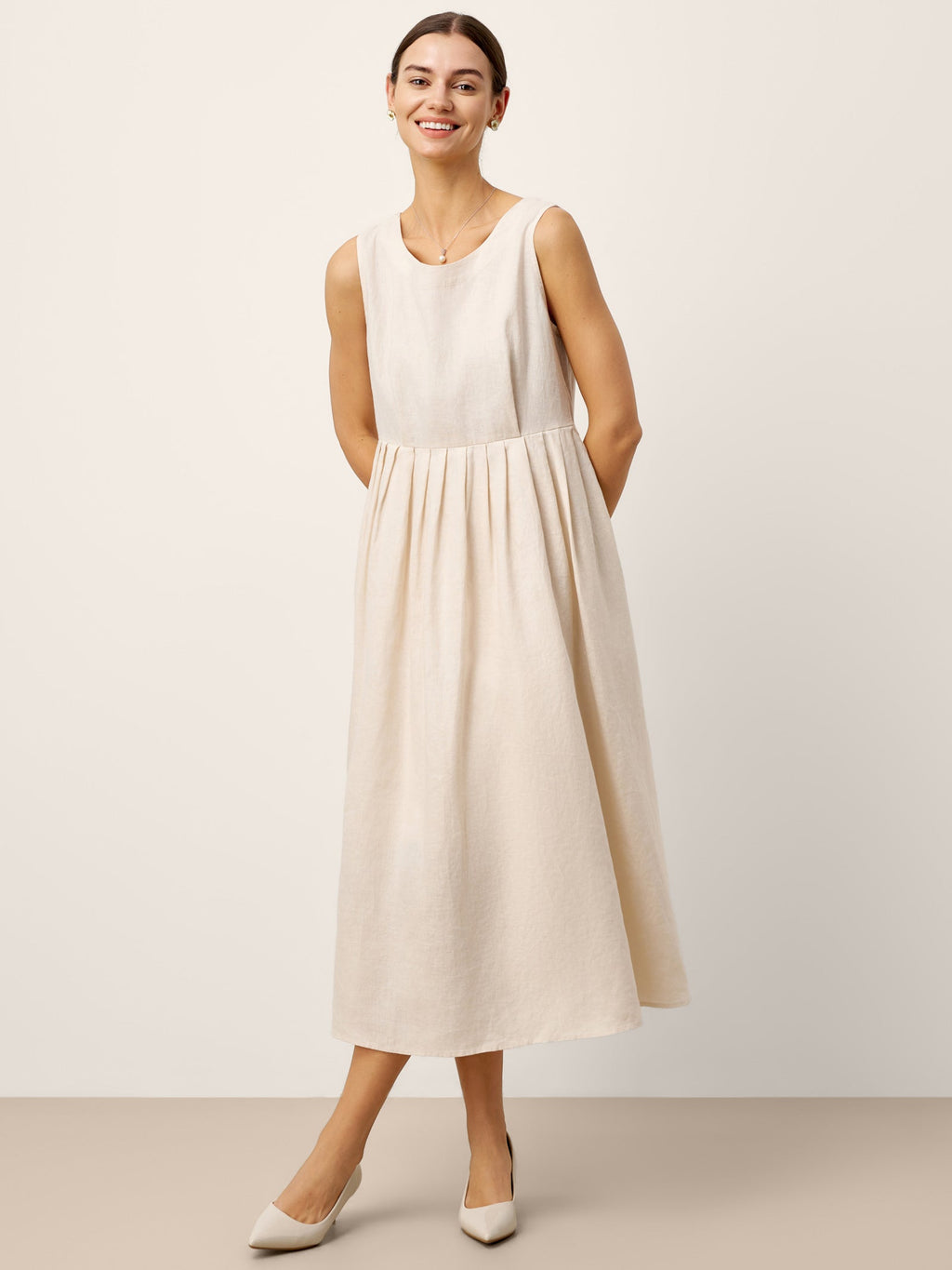 100% Linen Sleeveless Crew Neck Waist Pleated Maxi Dress SELENE