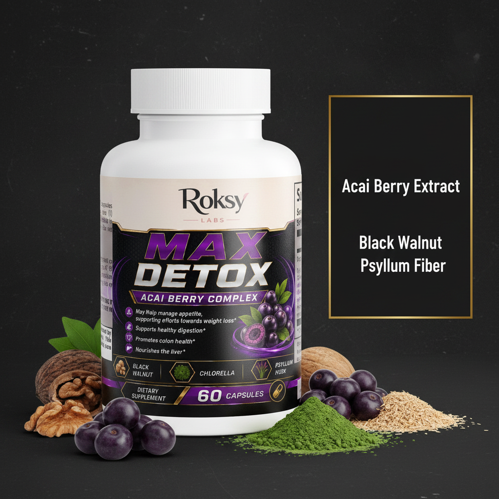 Max Detox Acai Berry Complex | Colon Cleanse and Gut Detox | Psyllium Chlorella Black Walnut | 60 Capsules