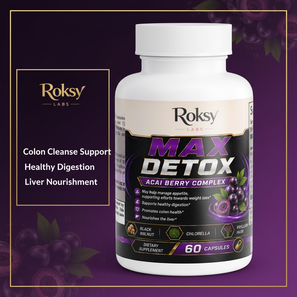 Max Detox Acai Berry Complex | Colon Cleanse and Gut Detox | Psyllium Chlorella Black Walnut | 60 Capsules