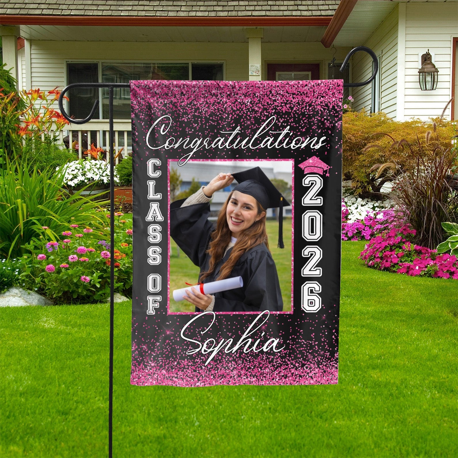 Congratulations Graduation Senior Class of 2026 Sparkle Personalized Custom Photo Garden Flag C175