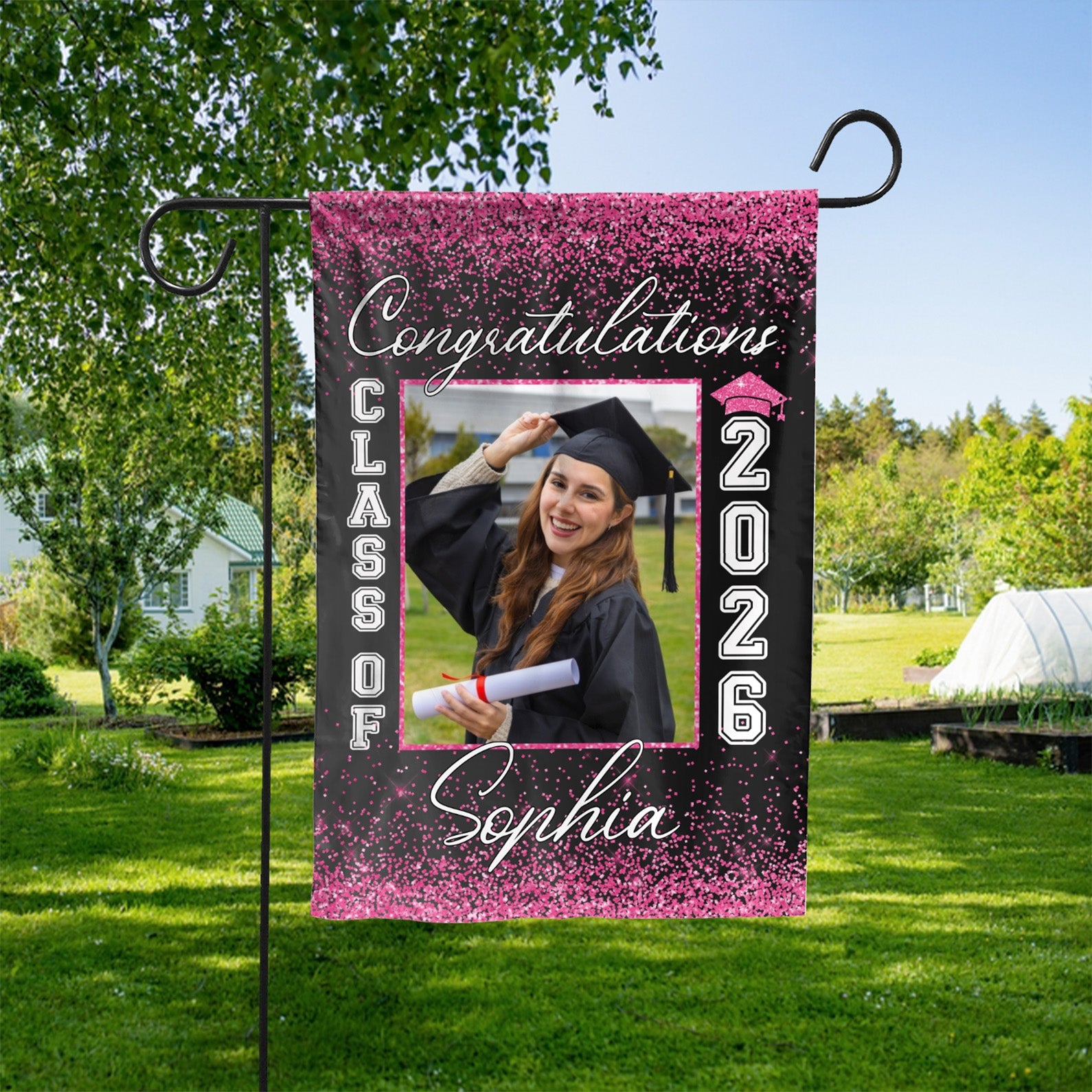 Congratulations Graduation Senior Class of 2026 Sparkle Personalized Custom Photo Garden Flag C175