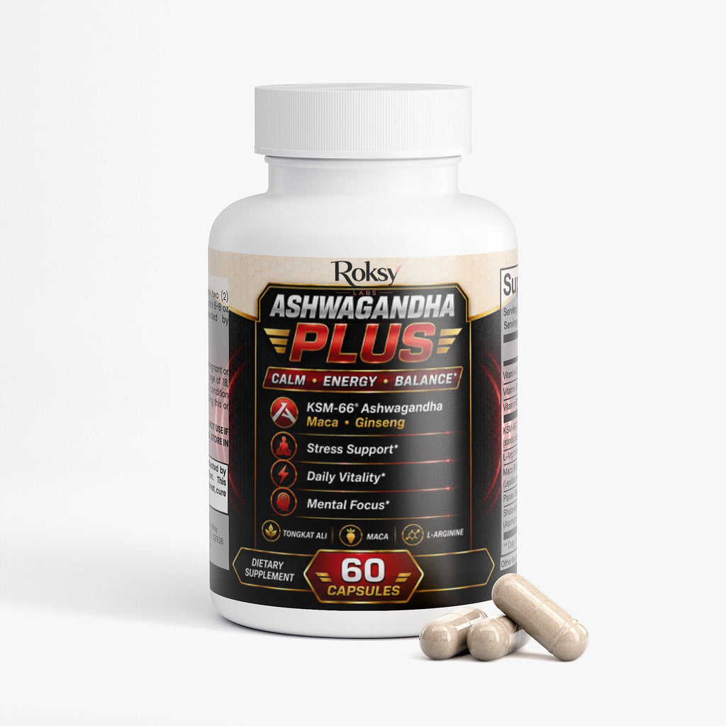 Ashwagandha Plus Dietary Supplement for Energy with KSM-66®, Maca & Ginseng – Stress, & Stamina Support | 60 Caps
