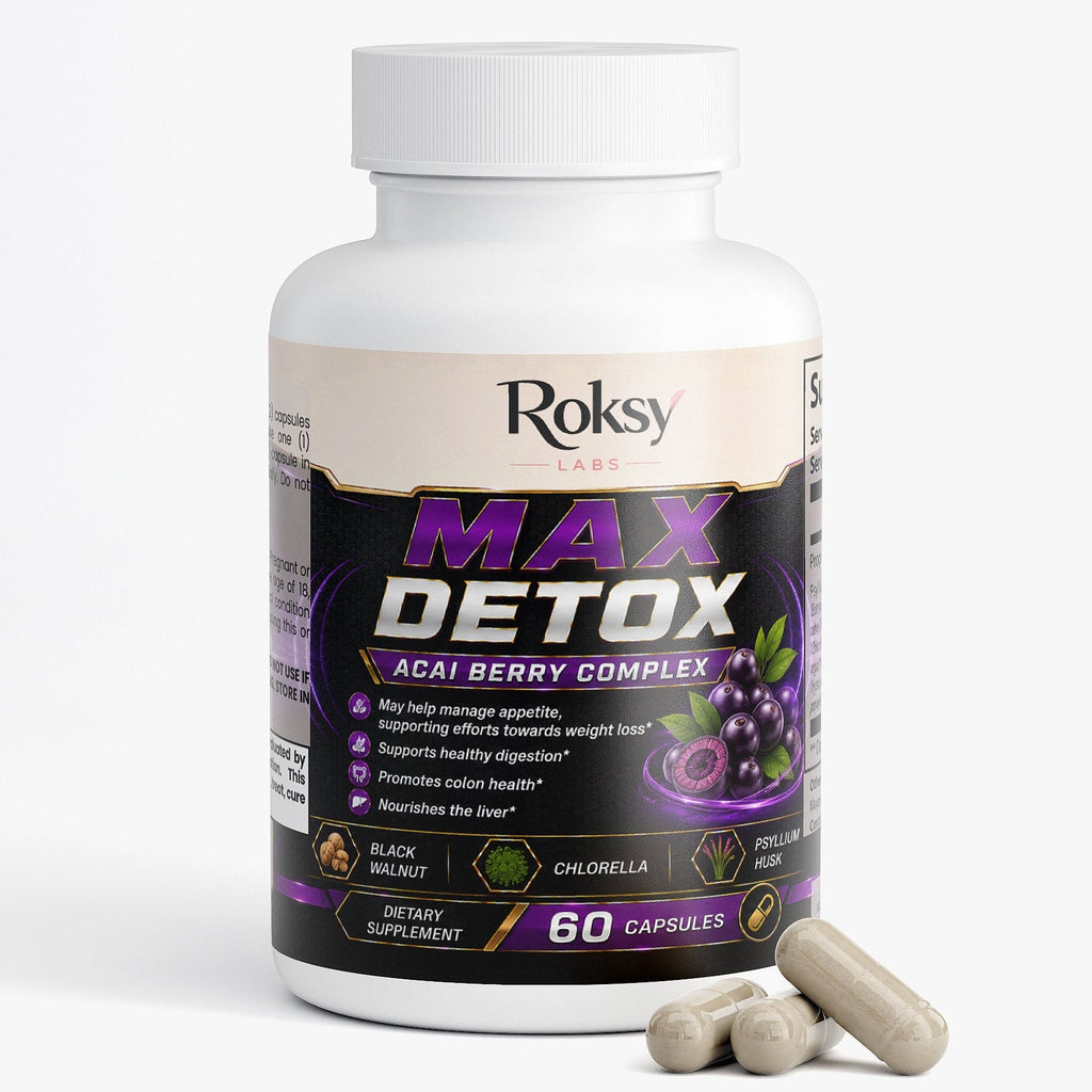 Max Detox Acai Berry Complex | Colon Cleanse and Gut Detox | Psyllium Chlorella Black Walnut | 60 Capsules