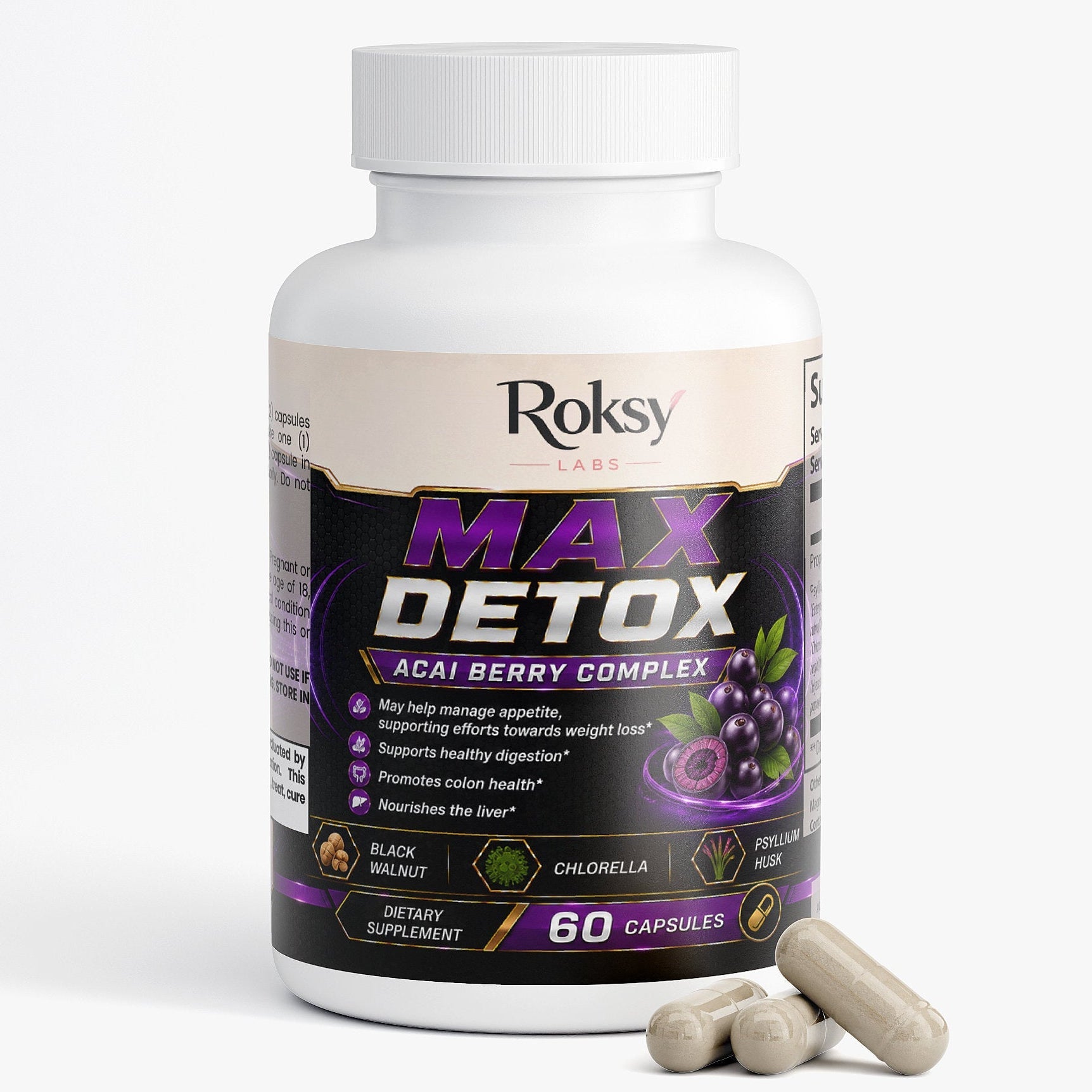 Max Detox Acai Berry Complex | Colon Cleanse and Gut Detox | Psyllium Chlorella Black Walnut | 60 Capsules