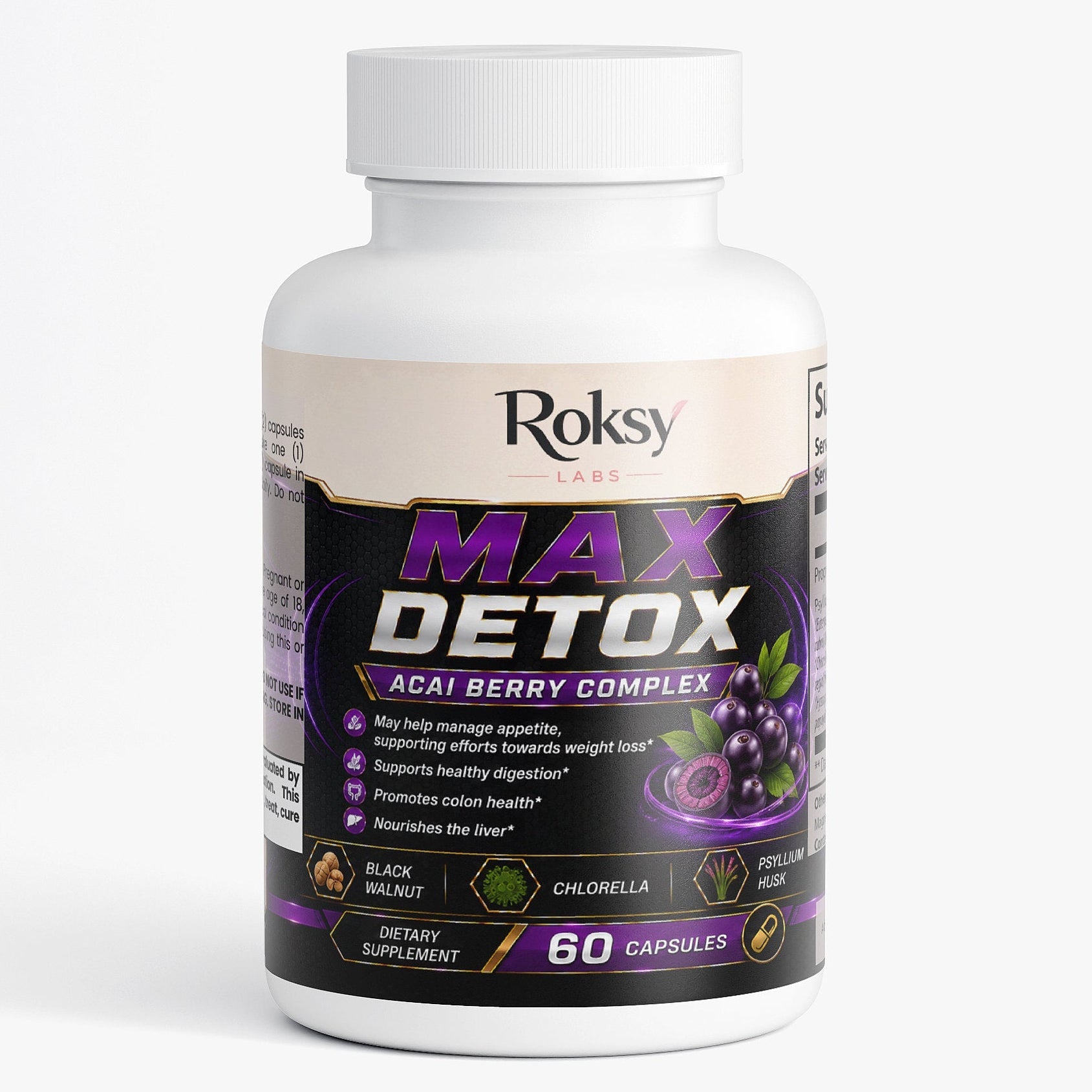 Max Detox Acai Berry Complex | Colon Cleanse and Gut Detox | Psyllium Chlorella Black Walnut | 60 Capsules
