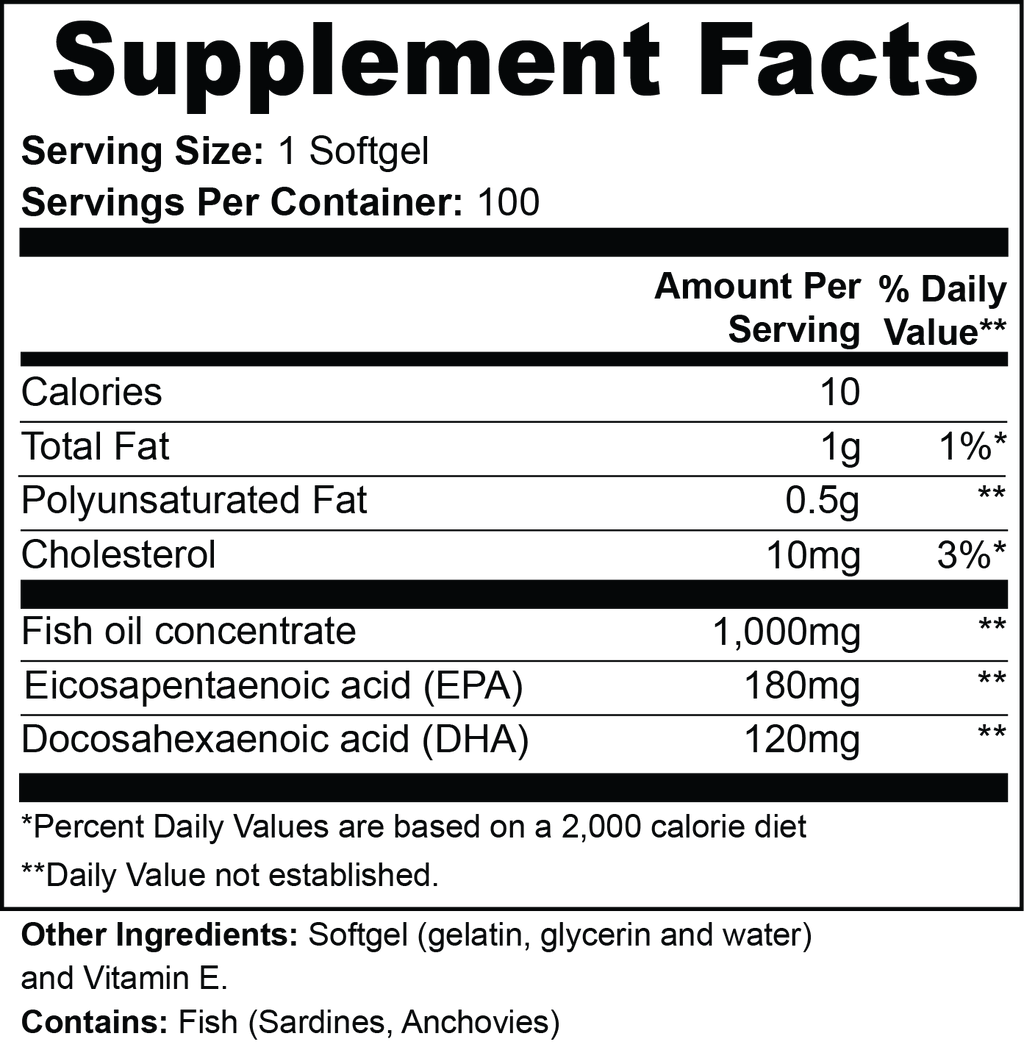 Omega-3 Fish Oil Supplement | EPA 180mg + DHA 120mg | Heart Brain & Immune Health | 100 Softgels