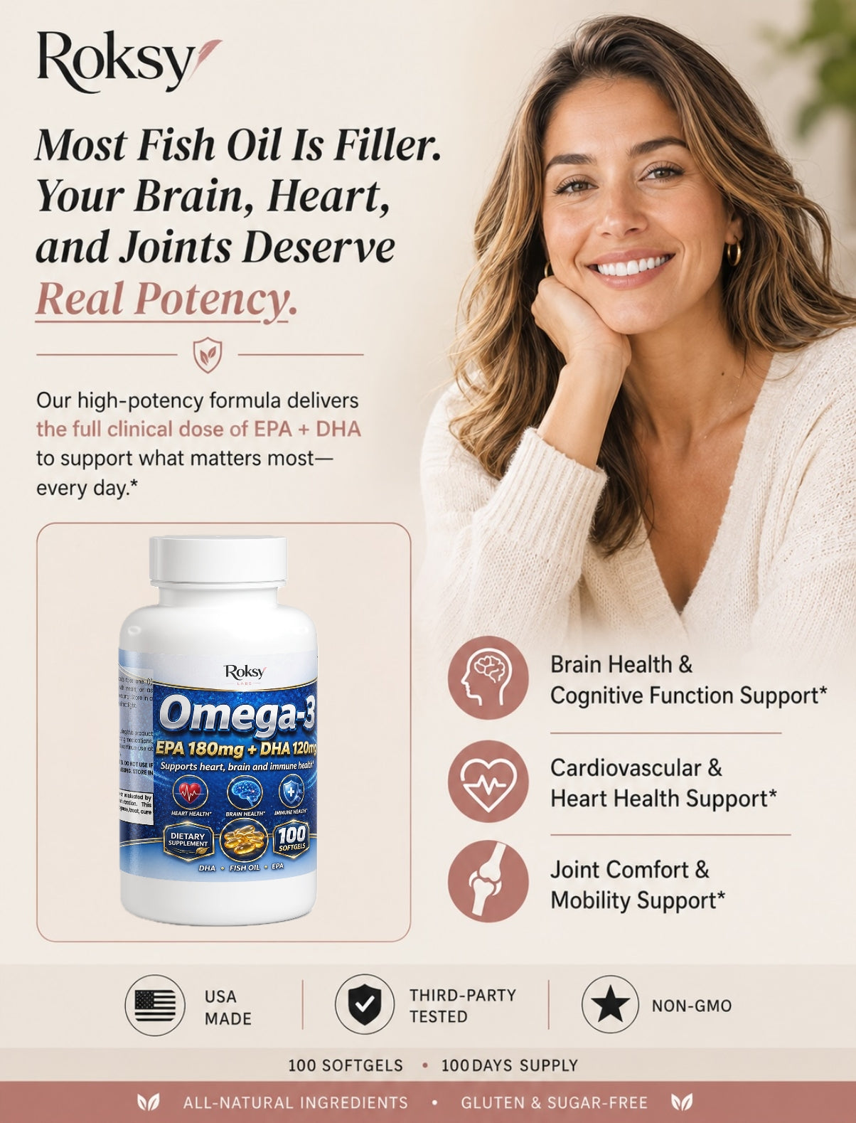 Omega-3 Fish Oil Supplement | EPA 180mg + DHA 120mg | Heart Brain & Immune Health | 100 Softgels