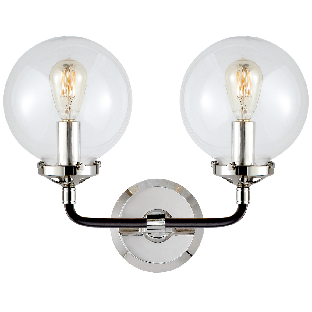 Bistro Double Light Curved Sconce Polished nickel and Black with Clear